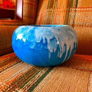 Vintage MCM Frank Moreno blue and white drip glaze ceramic bowl